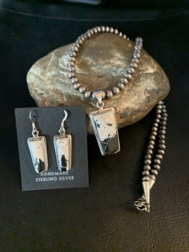 Navajo White Buffalo Turquoise Pendant | Sterling Silver Dangle Earrings | Authentic Native American Handmade | 14099