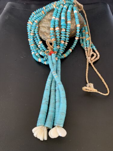 Native American Santo Domingo Spiny Blue Turquoise Shell Jacla Necklace | 5 Strand | 32" | 13192