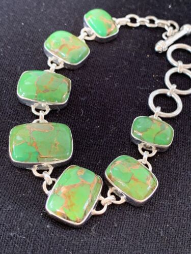 Navajo Green Mojave Turquoise Link Bracelet | Sterling Silver | 8.5" | Authentic Native American Handmade | 662