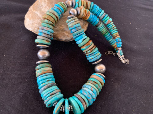 Southwestern Navajo Blue & Green Turquoise Necklace | Sterling Silver | Graduated | Authentic Native American | 20" | 1143 - Masha USA