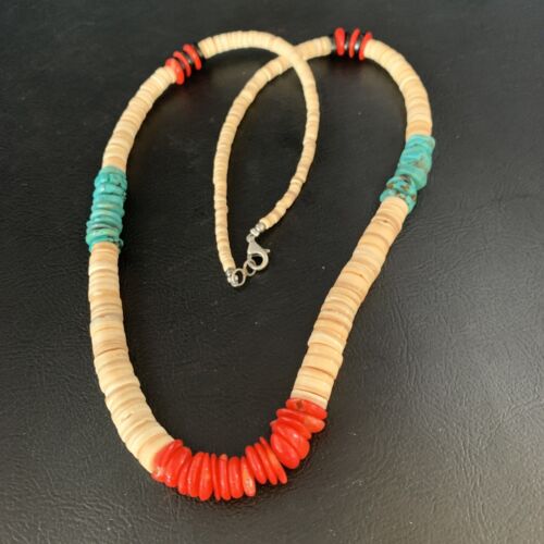 Authentic Native American Santo Domingo Necklace | Shell, Red Coral, Blue Turquoise, Onyx | 22" | 13486
