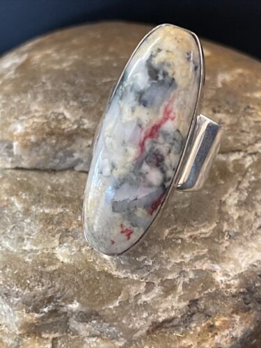 Native American Men's Cinnabrite Ring | White Black | Sterling Silver Handmade | Sz 7 | 01567