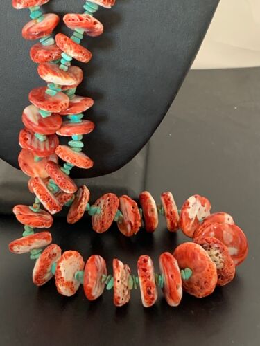 Native American Navajo Red Spiny Oyster & Turquoise Necklace | Sterling Silver | 34" Graduated | 4679