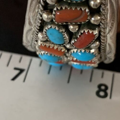 Navajo Kingman Turquoise Coral Cuff Bracelet | Sterling Silver | Authentic Native American Handmade | 14220