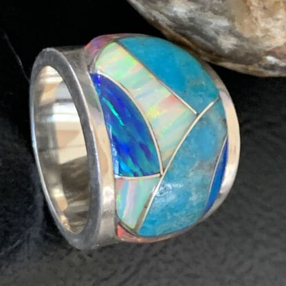 Navajo Blue Turquoise Opal Inlay Men's Pinky Ring | Sz 7 | Sterling Silver Band | 12859