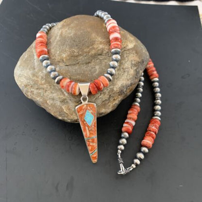 Navajo Pearls Sterling Silver Necklace | Opal Red Spiny Oyster Inlay Pendant | Authentic Native American Handmade | 11322