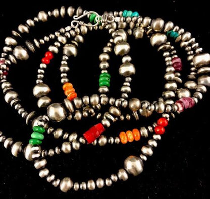 Navajo Pearls Turquoise Coral Bead Necklace | 51" Single Strand Sterling Silver | Southwestern Native American | 8112