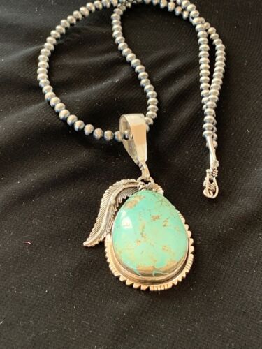 Men's Navajo Pearls | Sterling Silver | Blue Turquoise #8 Necklace & Pendant Set | 13749