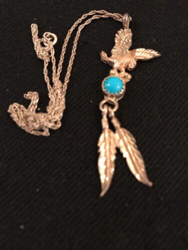 Sterling Silver Navajo Eagle Turquoise Feather Necklace Pendant 2.5" | Southwestern 17.5" | 3257