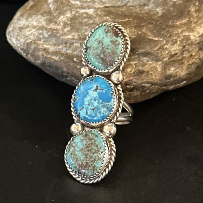Navajo Blue Kingman Turquoise Cluster Ring | Authentic Native American Sterling Silver | Multi-Stone | Sz 8.5 | 14492
