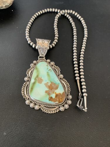 Navajo Green Royston Turquoise Pendant Necklace | Sterling Silver | Authentic Native American Handmade | 1935