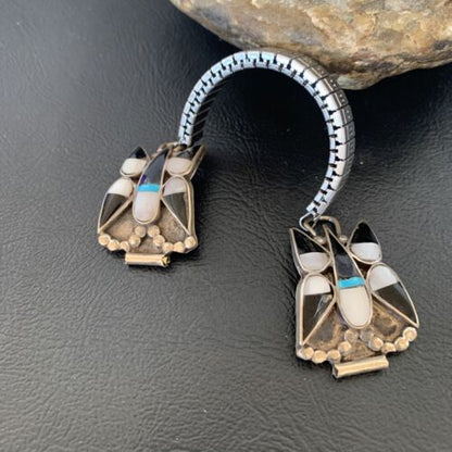 Navajo Sterling Silver Watch Tips | Old Pawn Turquoise Onyx Mother of Pearl Inlay | Authentic Native American Jewelry | 11929 - Masha USA