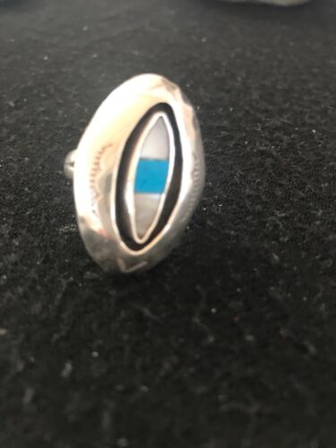 Navajo Kingman Turquoise & Mother of Pearl Ring | Sterling Silver Shadow Box | Sz 9 | 10207