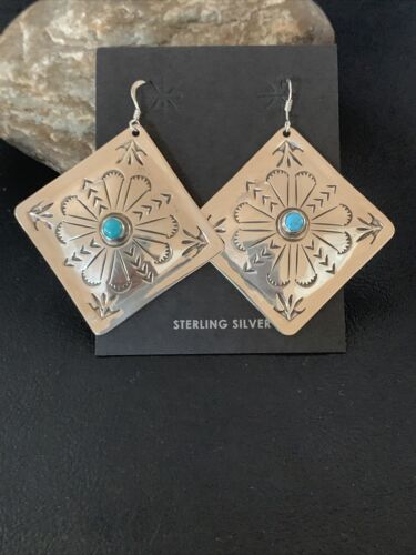 Navajo Turquoise Stamped Earrings | Sterling Silver | Authentic Native American Handmade | 1205