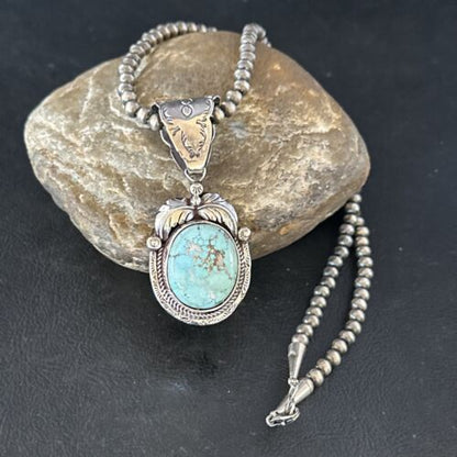 Navajo Blue Golden Hills Pendant Necklace | Sterling Silver | Authentic Native American Handmade | 14623