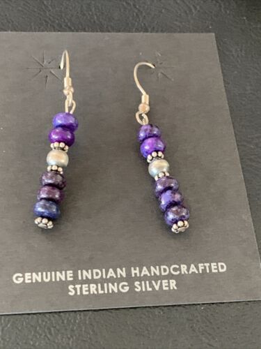 Navajo Purple Sugilite Dangle Bead Earrings | Sterling Silver | 1" | Authentic Native American Handmade | 13066