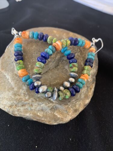 Navajo Sterling Silver Bead Earrings | Spiny, Turquoise & Lapis Dangle | Authentic Native American Handmade | 1413