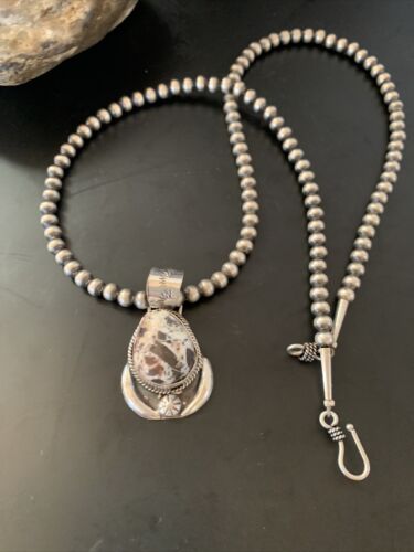 Navajo White Buffalo Turquoise Pendant Necklace | Sterling Silver | Authentic Native American Handmade | 11401