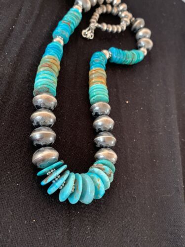 Navajo Blue Green Turquoise Beads Necklace | Sterling Silver | Authentic Native American Handmade | 22" | 4697 - Masha USA