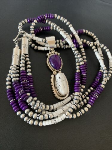 Navajo Sterling Silver Turquoise & Sugilite Beads Necklace Pendant | 23" | Multi-Strand | 01867