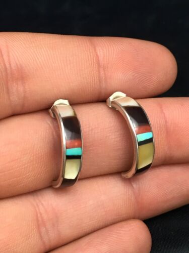 Navajo Mother of Pearl Onyx Turquoise Inlay Earrings | Sterling Silver | 0.8" | Authentic Native American Handmade | 1068