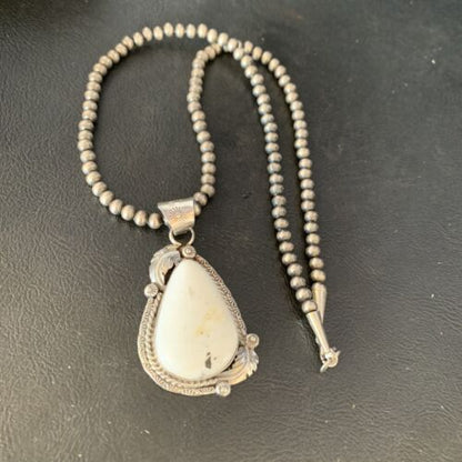 Men's Women's White Buffalo Turquoise Necklace Pendant | Sterling Silver | Authentic Native American Handmade | 14196