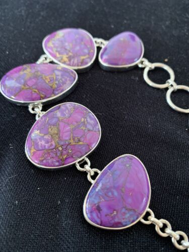 Navajo Purple Mojave Turquoise Link Bracelet | Sterling Silver | 9" | Authentic Native American Handmade | 664