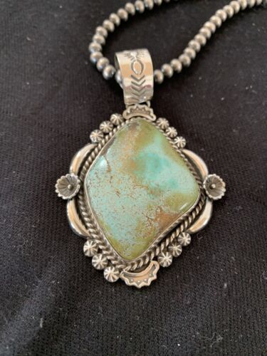 Men's Navajo Pearls Necklace with Royston Turquoise Pendant | Sterling Silver | Native American Handmade | 522