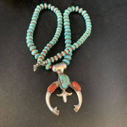 Navajo Sterling Silver Necklace | Blue Turquoise & Coral Naja Pendant | Authentic Native American Handmade | 13747