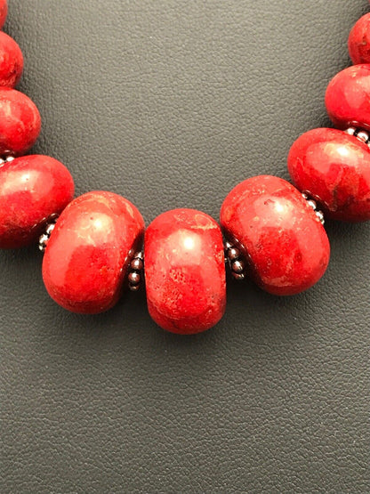 Authentic Native American Navajo Sterling Silver Necklace | Apple Sponge Coral Graduated Beads | 25" | 4558