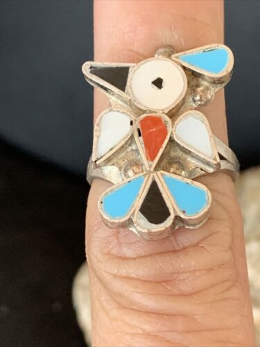 Zuni Peyote Bird Ring | Sterling Silver Coral Turquoise Onyx Mother of Pearl Inlay | Sz 5.5 | 10790