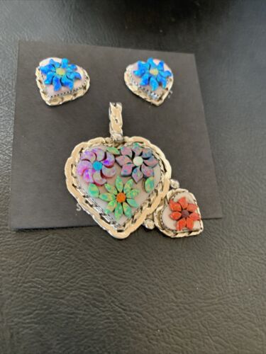 Zuni Multi-Color Opal & Mother of Pearl Necklace Pendant Earrings Set | Sterling Silver | Authentic Native American Handmade | 12560