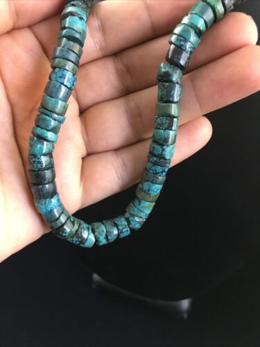 Native American Green Turquoise Heishi Necklace | Sterling Silver | 26" | 13901