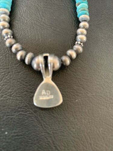 Navajo Pearl Necklace with Blue Turquoise Inlay Pendant | Sterling Silver | Authentic Native American Handmade | 12500