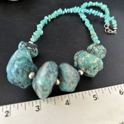 Navajo Chunky Blue Turquoise Nugget Necklace | Sterling Silver | Authentic Native American Handmade | 20" | 14416