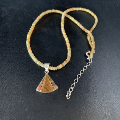 Navajo Yellow Opal Amber Inlay Pendant | Sterling Silver Necklace | Authentic Native American Handmade | 13417