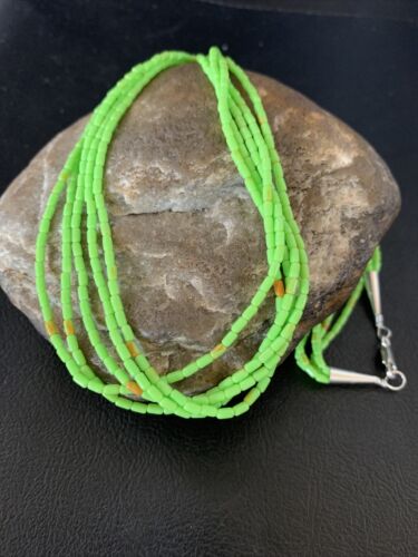 Native American Green Gaspeite Rice Heishi Necklace | 5 Strand | Sterling Silver | 20" | 12928