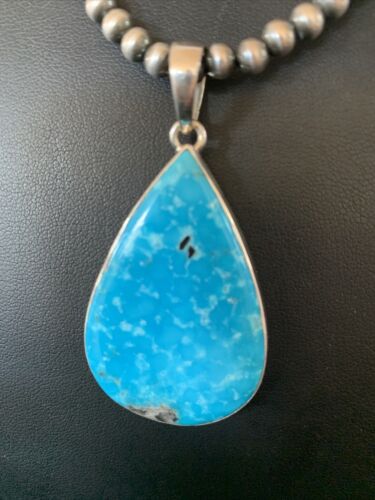 Navajo Pearls Blue Kingman Turquoise Necklace Pendant | Sterling Silver | Authentic Native American Handmade | 11810