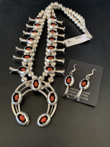 Navajo Coral Squash Blossom Necklace & Earrings Set | Sterling Silver | Authentic Native American Handmade | 13361