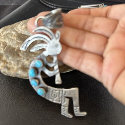 Navajo Kingman Turquoise Tufa Cast Kokopelli Pendant | Authentic Native American Sterling Silver | Multi-Stone | 14230