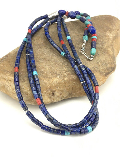 Southwestern Navajo Lapis Turquoise Necklace | 3-Strand | Sterling Silver | 24" | 1332