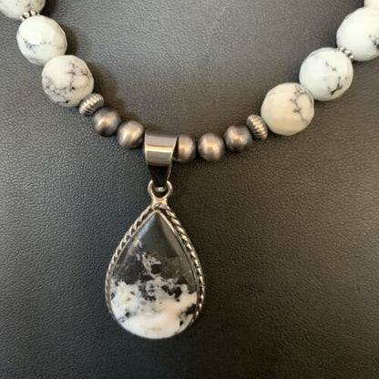 Men's Navajo White Buffalo Turquoise Pendant Necklace | Sterling Silver | Authentic Native American Handmade | 13833