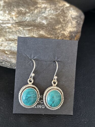 Navajo Blue Turquoise Dangle Earrings | Sterling Silver | 1" | Authentic Native American Handmade | 14772