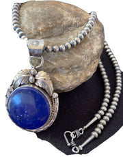 Native American Men's Necklace | Sterling Silver Navajo Pearls with Blue Lapis Pendant | 1525