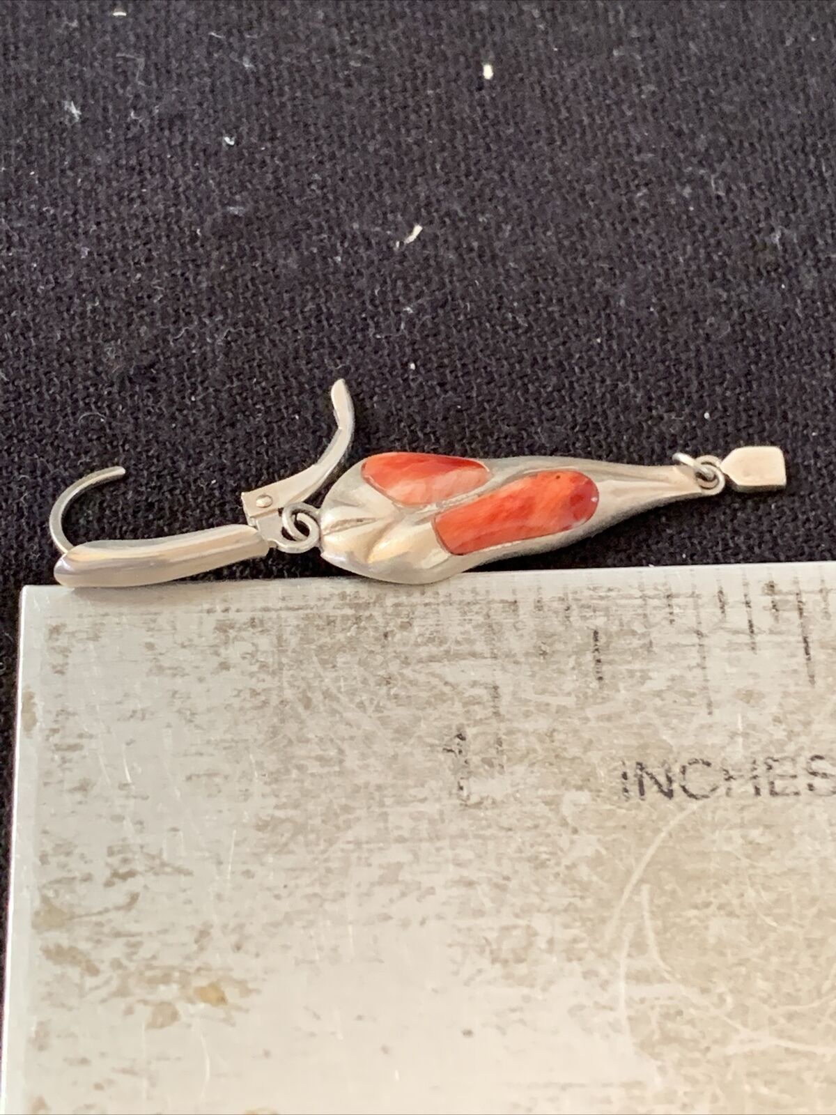 Navajo Red Spiny Oyster Inlay Earrings | Sterling Silver | 2" | Authentic Native American Handmade | 1520