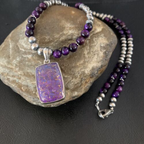 Navajo Pearl Purple Mojave Turquoise Onyx Pendant Necklace | Sterling Silver | Authentic Native American Handmade | 13404