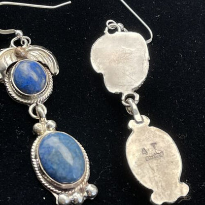 Navajo Denim Lapis Dangle Earrings | Sterling Silver | 2" | Authentic Native American Handmade | 01794