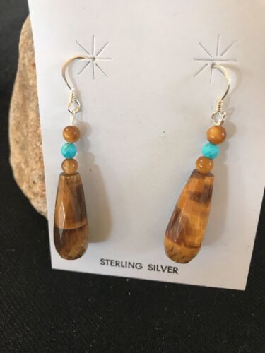 Navajo Sterling Silver Faceted Tiger's Eye Turquoise Dangle Earrings | Authentic Native American Handmade | 1995