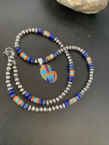 Navajo Multi-Color Spiny Turquoise Inlay Pendant | Sterling Silver | Authentic Native American Handmade | 10658