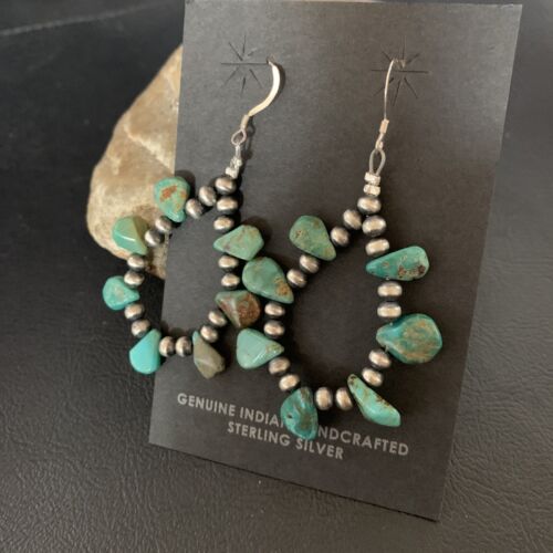 Navajo Green Cluster Turquoise Bead Earrings | Sterling Silver | Authentic Native American Handmade | 13325